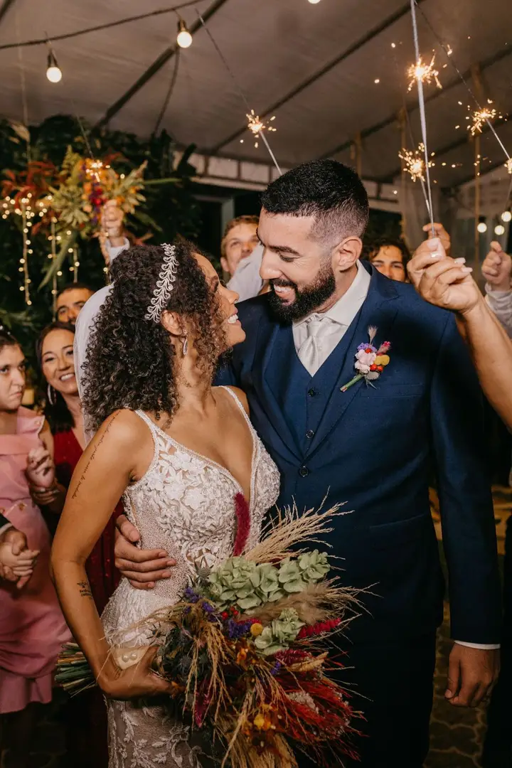 Evening wedding reception with warm string lights