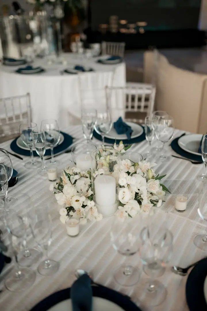 Blue and white reception tables